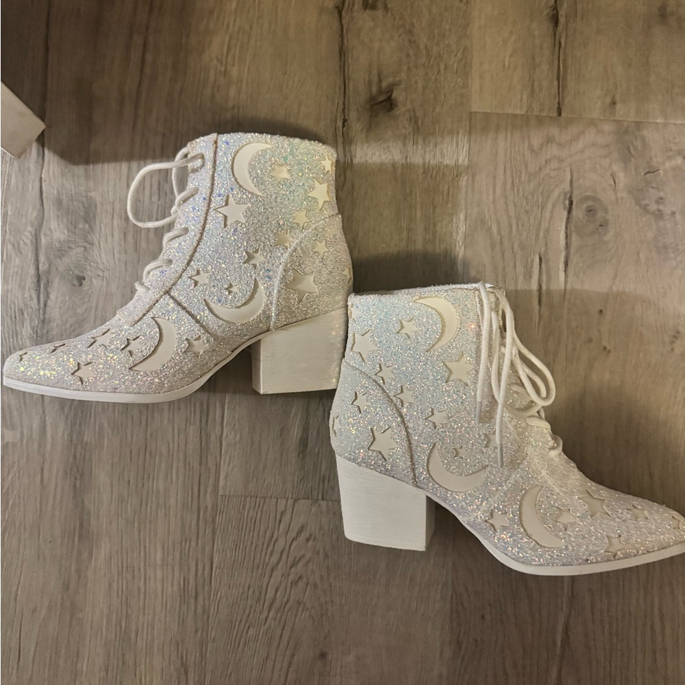 Dolls Kill Sparkling White Ankle Boots with Moon and Star Design